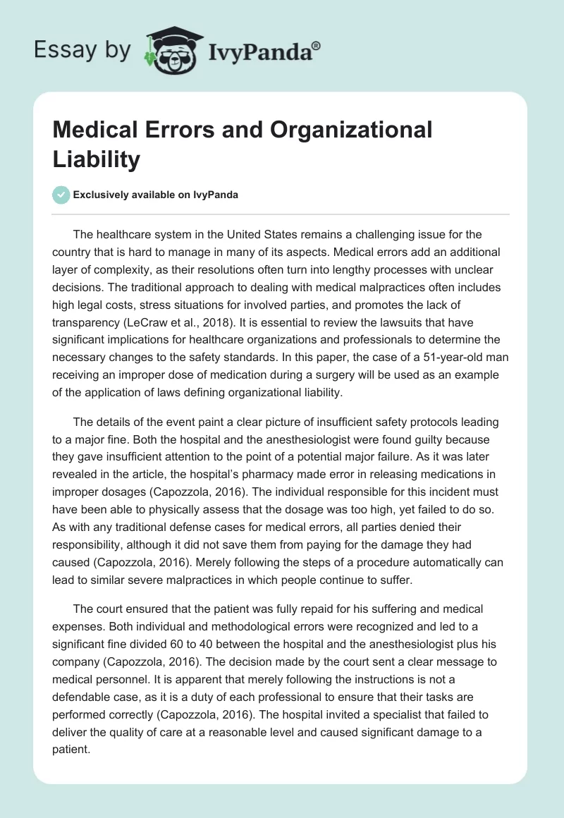 Medical Errors and Organizational Liability. Page 1