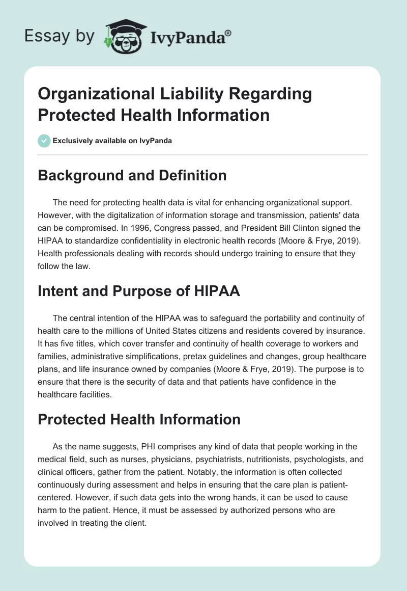 Organizational Liability Regarding Protected Health Information. Page 1