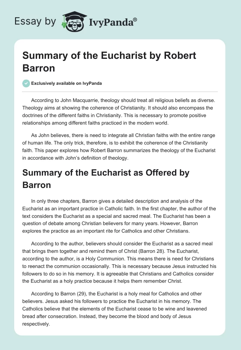 Summary of the Eucharist by Robert Barron. Page 1