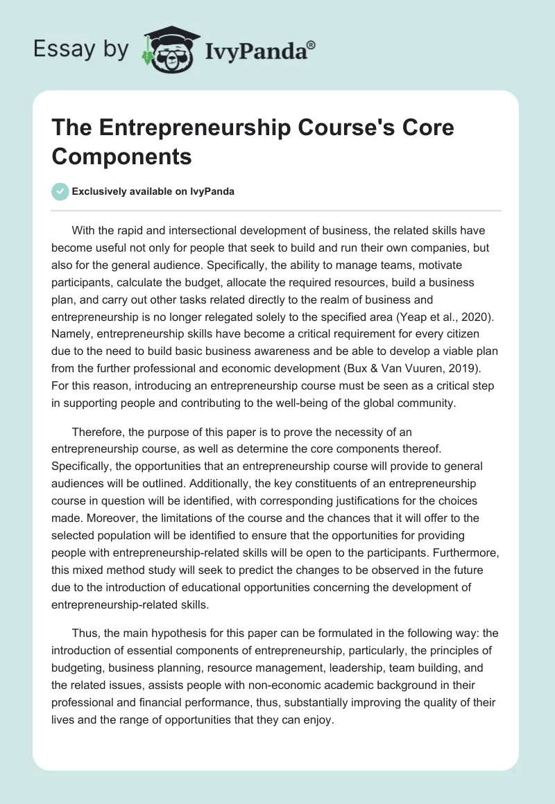 The Entrepreneurship Course's Core Components. Page 1