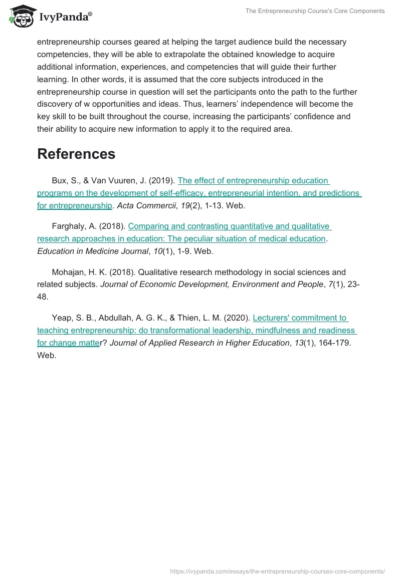 The Entrepreneurship Course's Core Components. Page 3