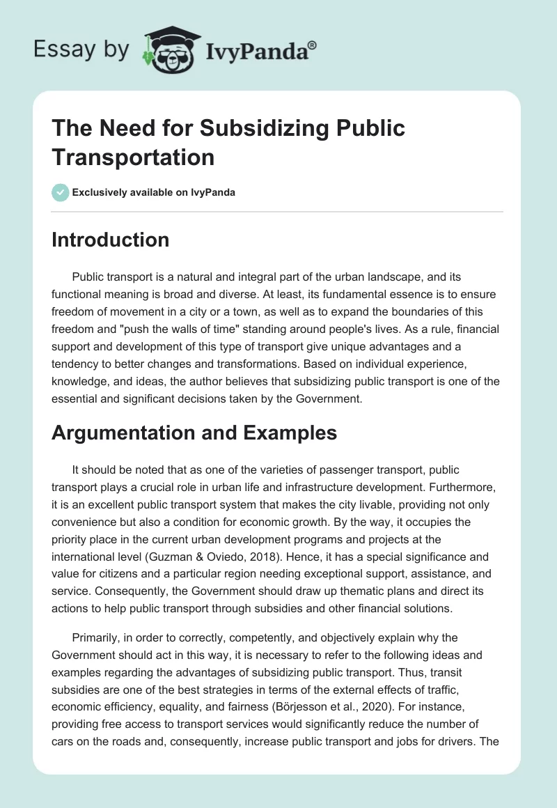 The Need for Subsidizing Public Transportation. Page 1
