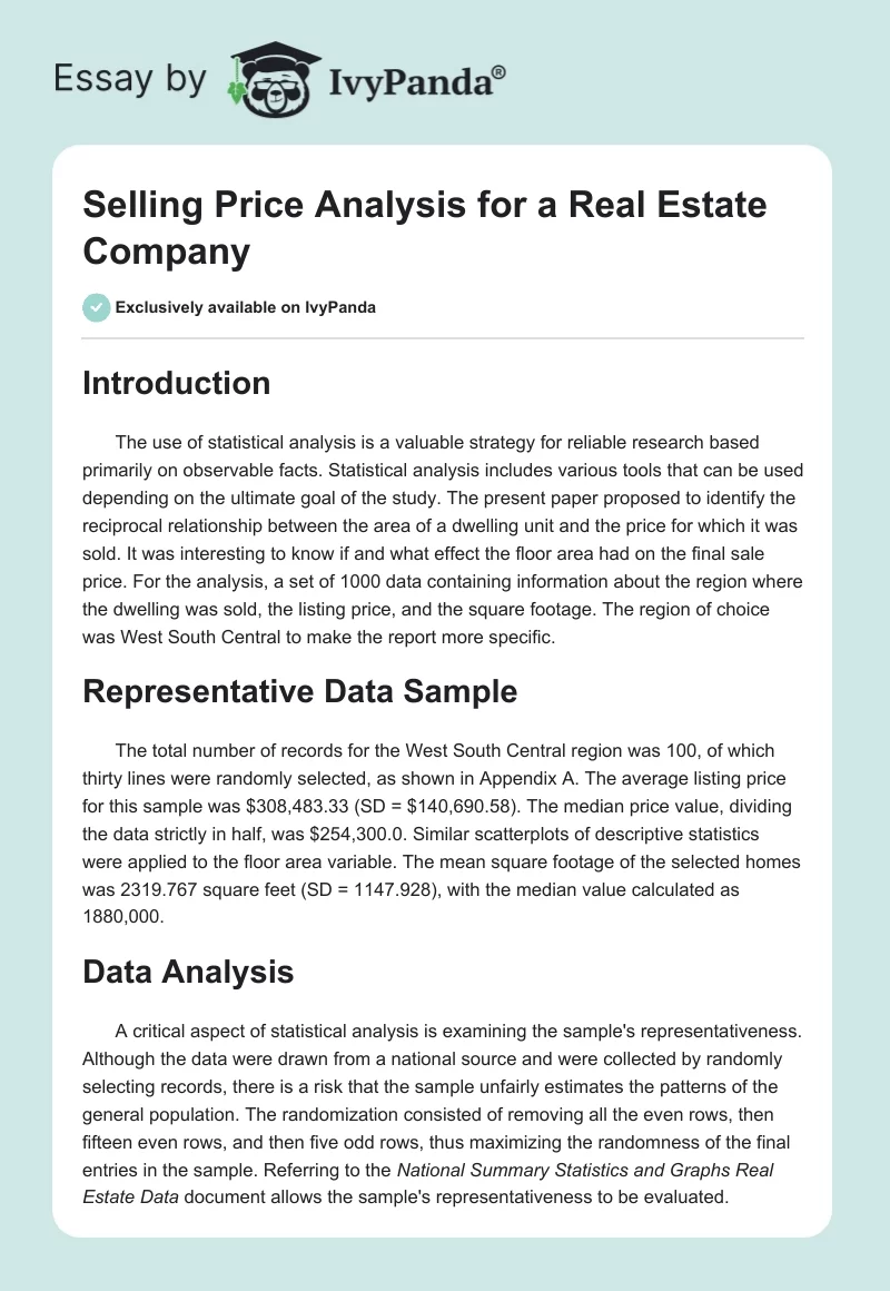 Selling Price Analysis for a Real Estate Company. Page 1