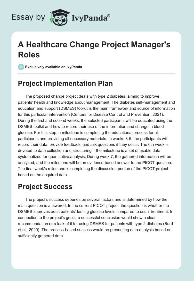 A Healthcare Change Project Manager's Roles. Page 1
