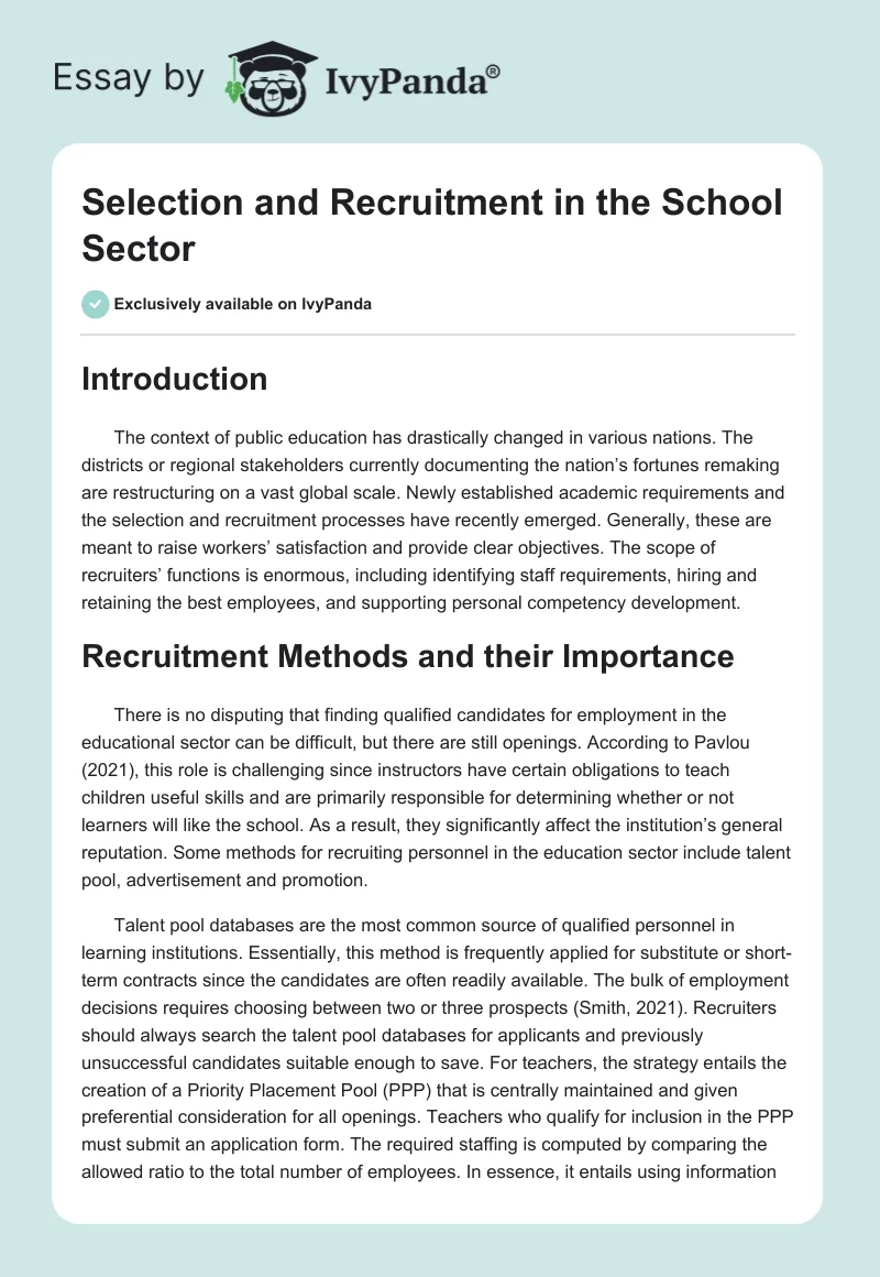 Selection and Recruitment in the School Sector. Page 1