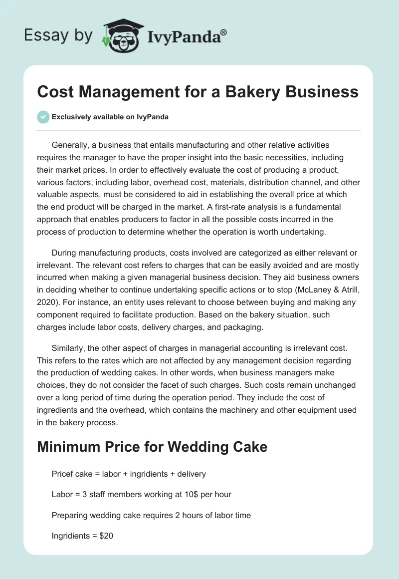 Cost Management for a Bakery Business. Page 1