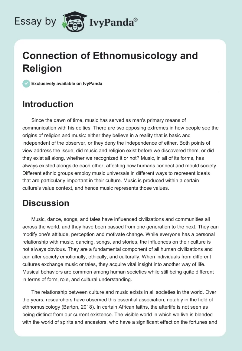Connection of Ethnomusicology and Religion. Page 1