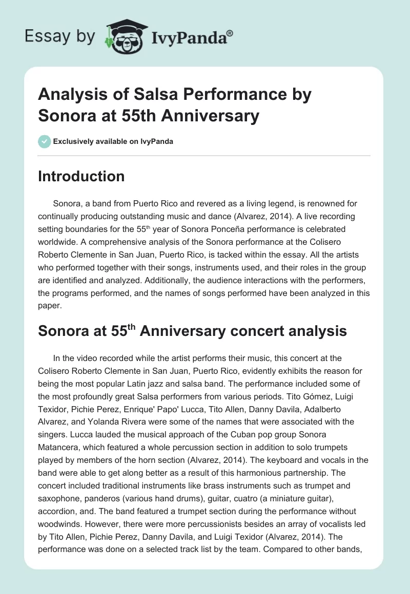 Analysis of Salsa Performance by Sonora at 55th Anniversary. Page 1