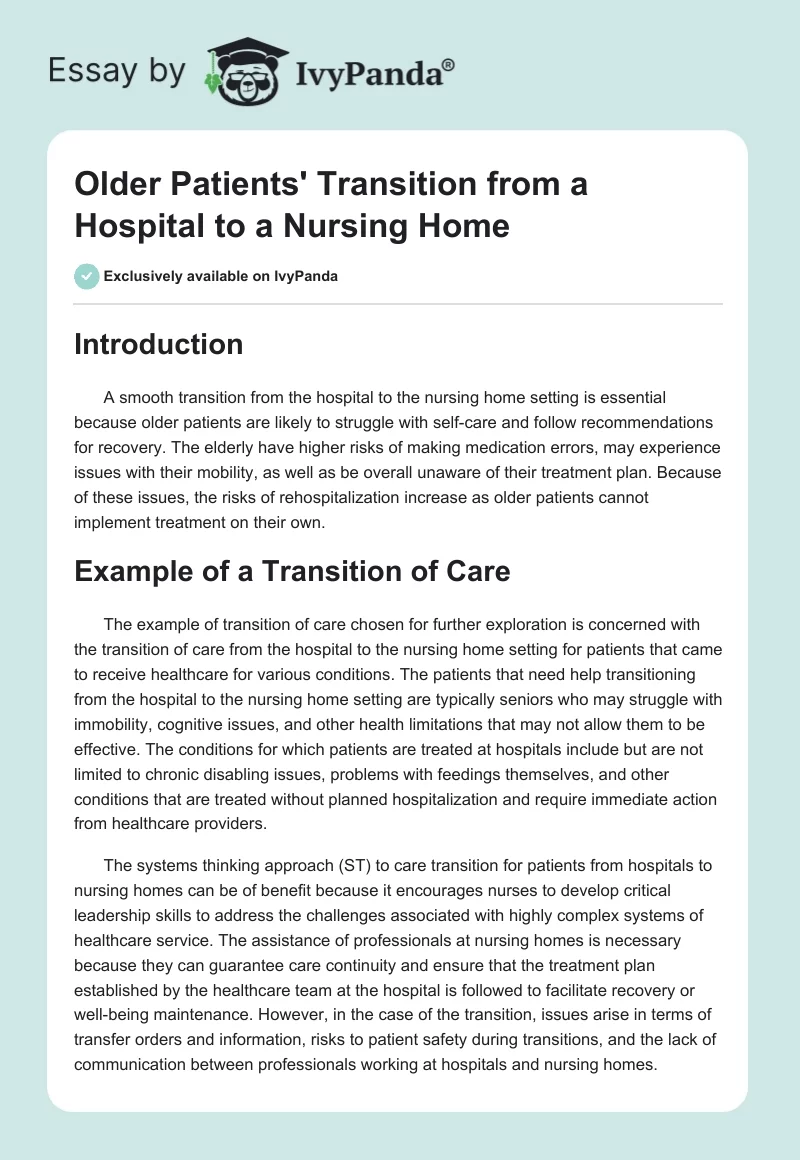 Older Patients' Transition From a Hospital to a Nursing Home. Page 1