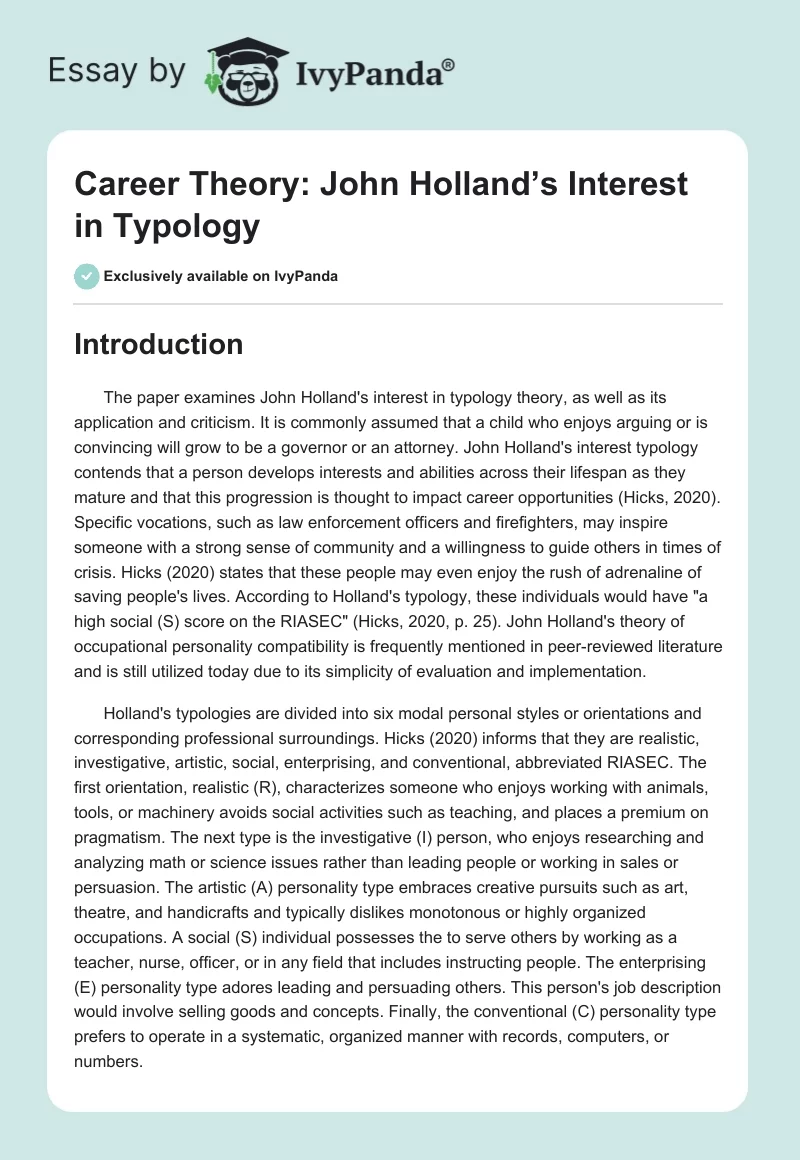 Career Theory: John Holland’s Interest in Typology. Page 1