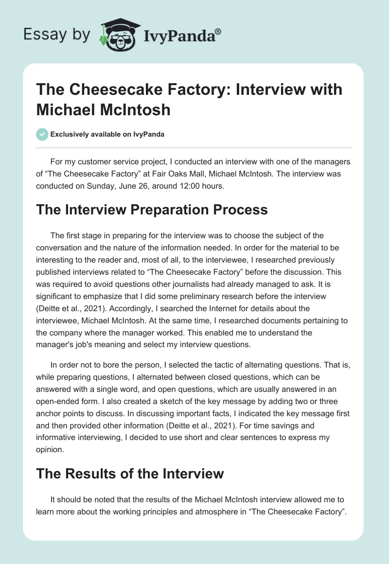 The Cheesecake Factory: Interview with Michael McIntosh. Page 1