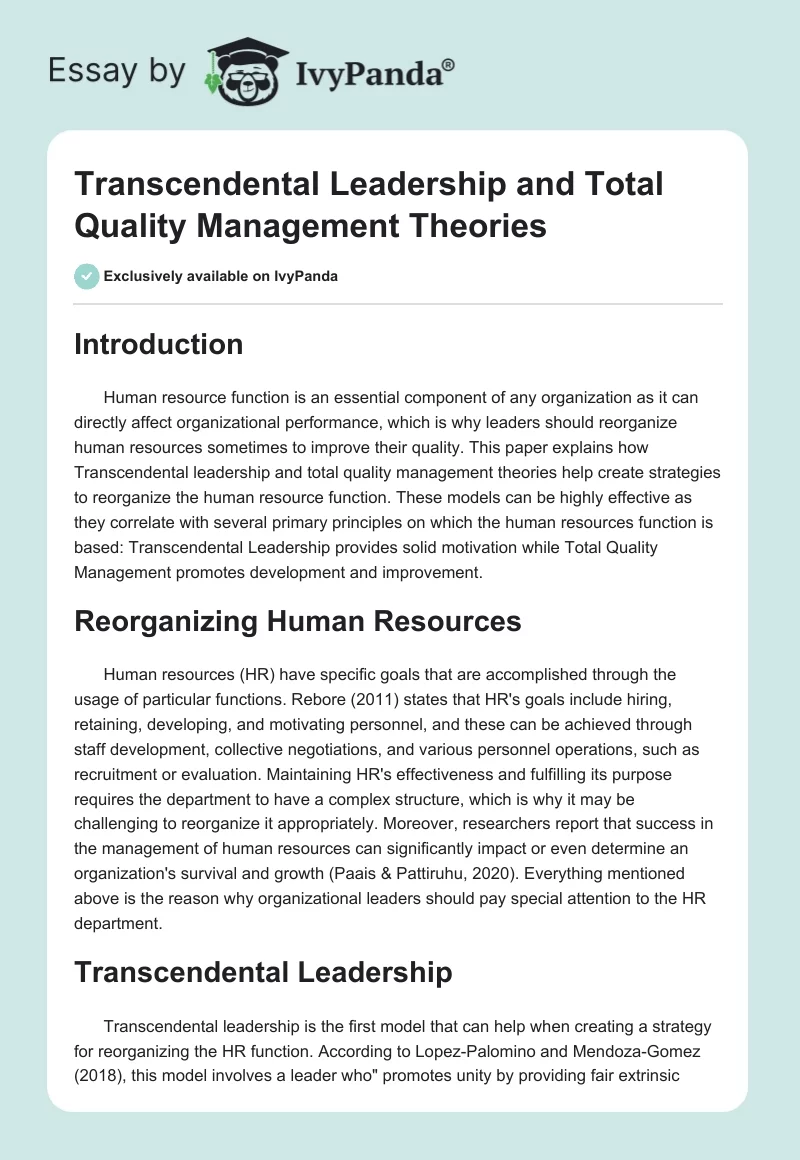 Transcendental Leadership and Total Quality Management Theories. Page 1