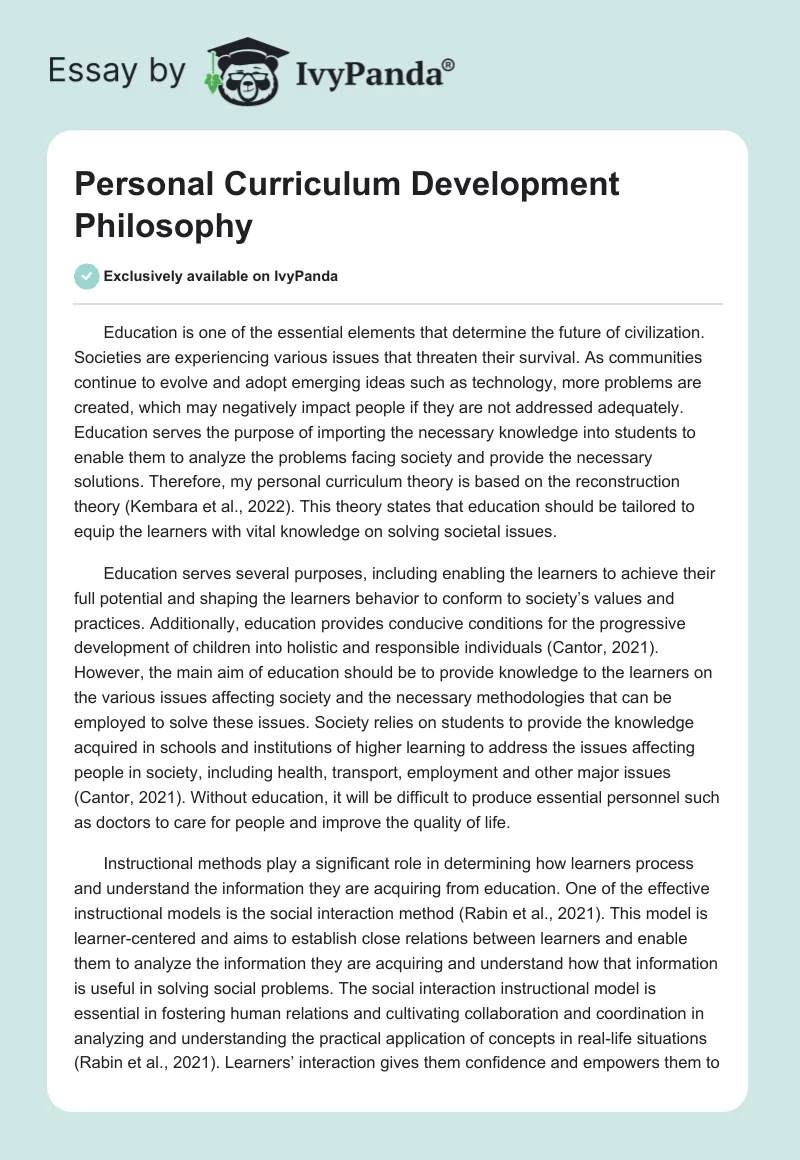 Personal Curriculum Development Philosophy. Page 1