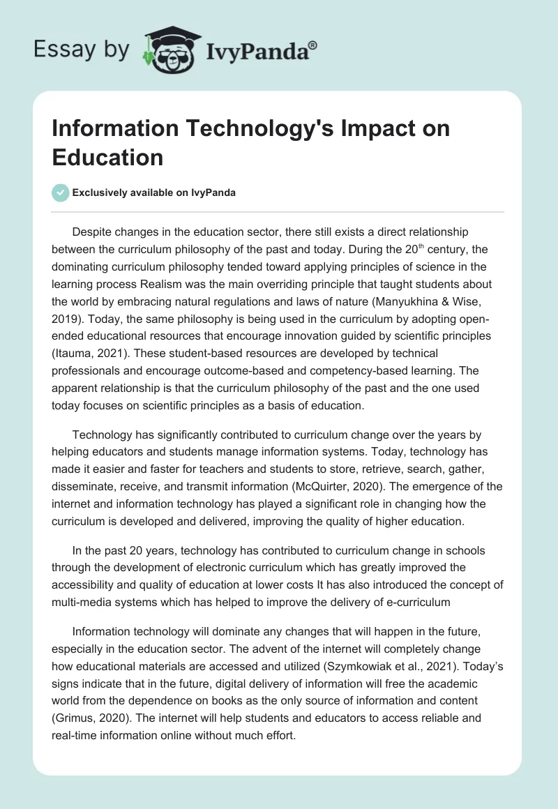 Information Technology's Impact on Education. Page 1