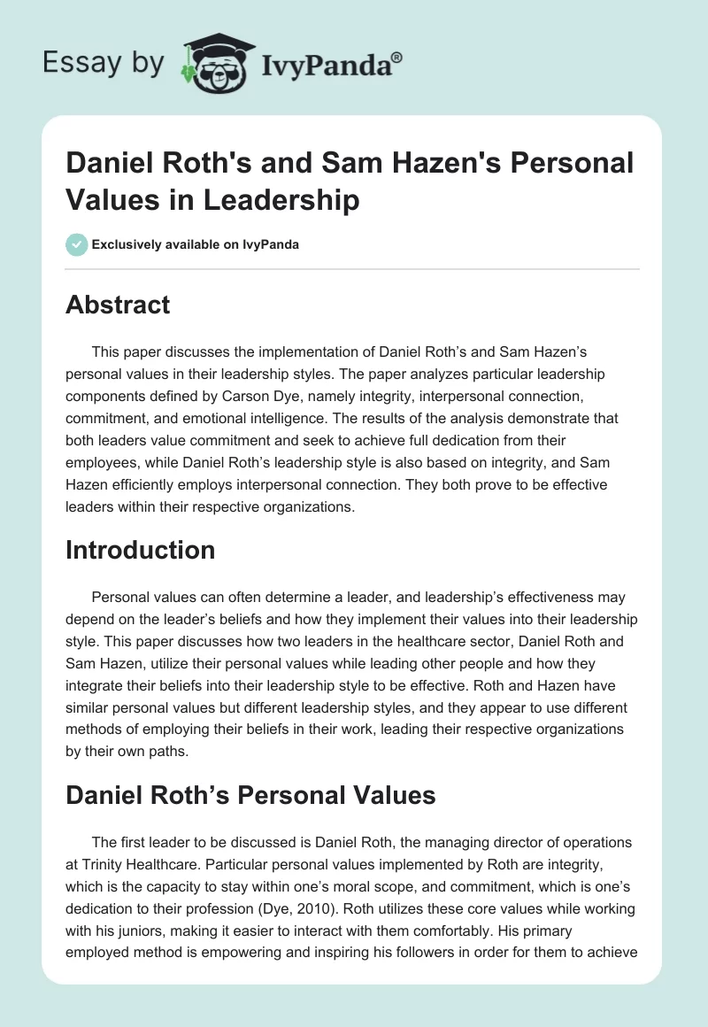 Daniel Roth’s and Sam Hazen’s Personal Values in Leadership. Page 1