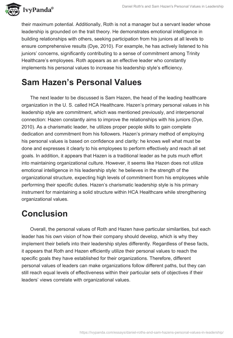 Daniel Roth’s and Sam Hazen’s Personal Values in Leadership. Page 2