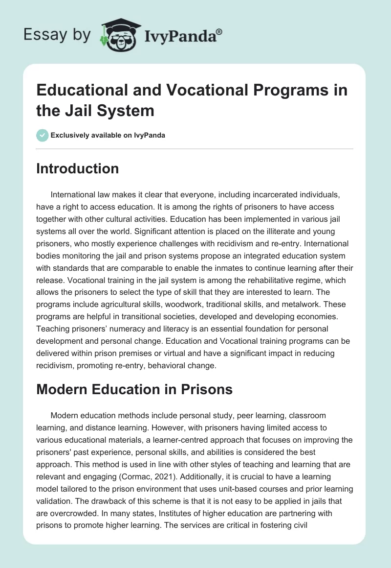 Educational and Vocational Programs in the Jail System. Page 1