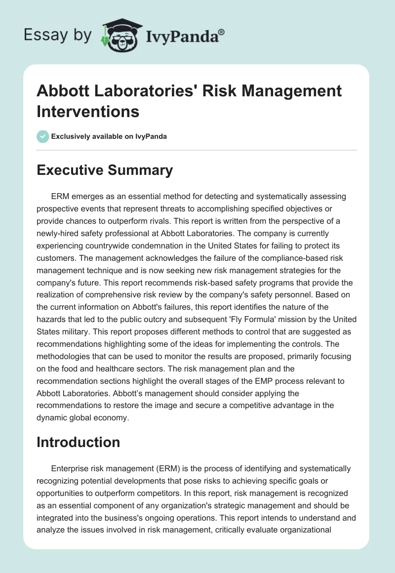 Abbott Laboratories' Risk Management Interventions. Page 1