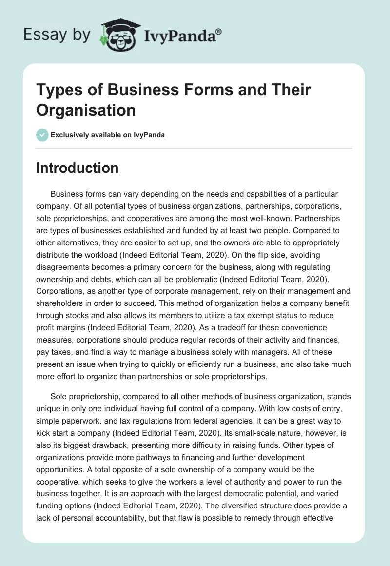Types of Business Forms and Their Organisation. Page 1