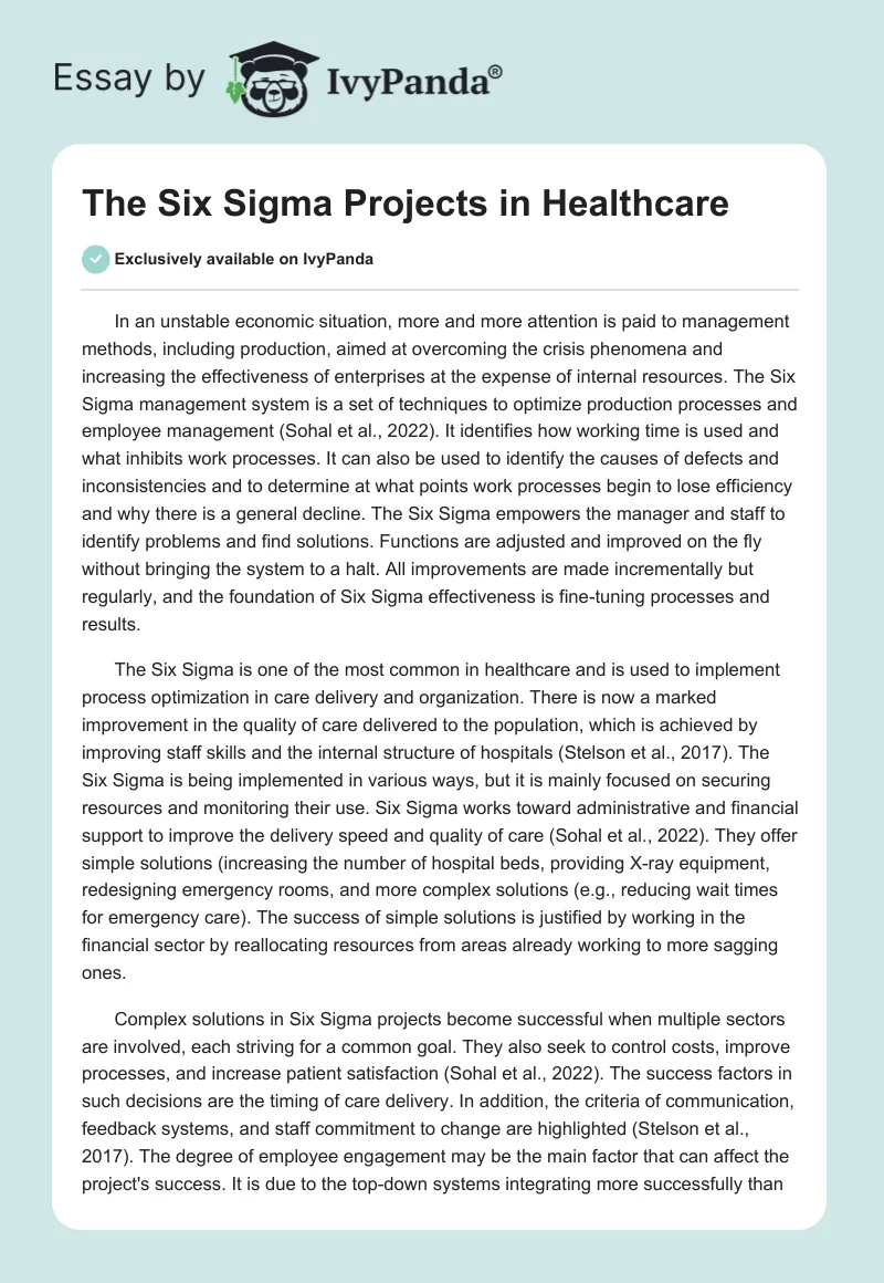 The Six Sigma Projects in Healthcare. Page 1