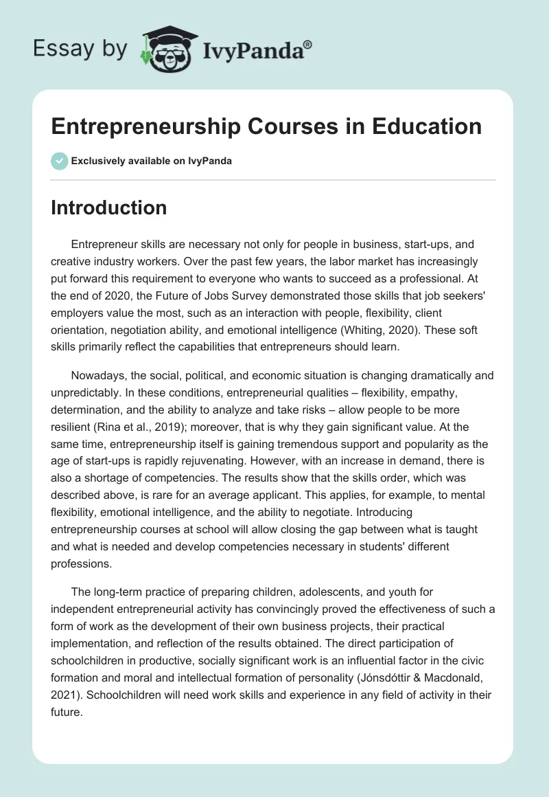 Entrepreneurship Courses in Education. Page 1