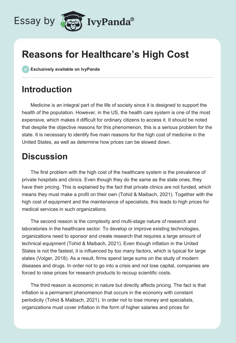 Reasons for Healthcare’s High Cost. Page 1