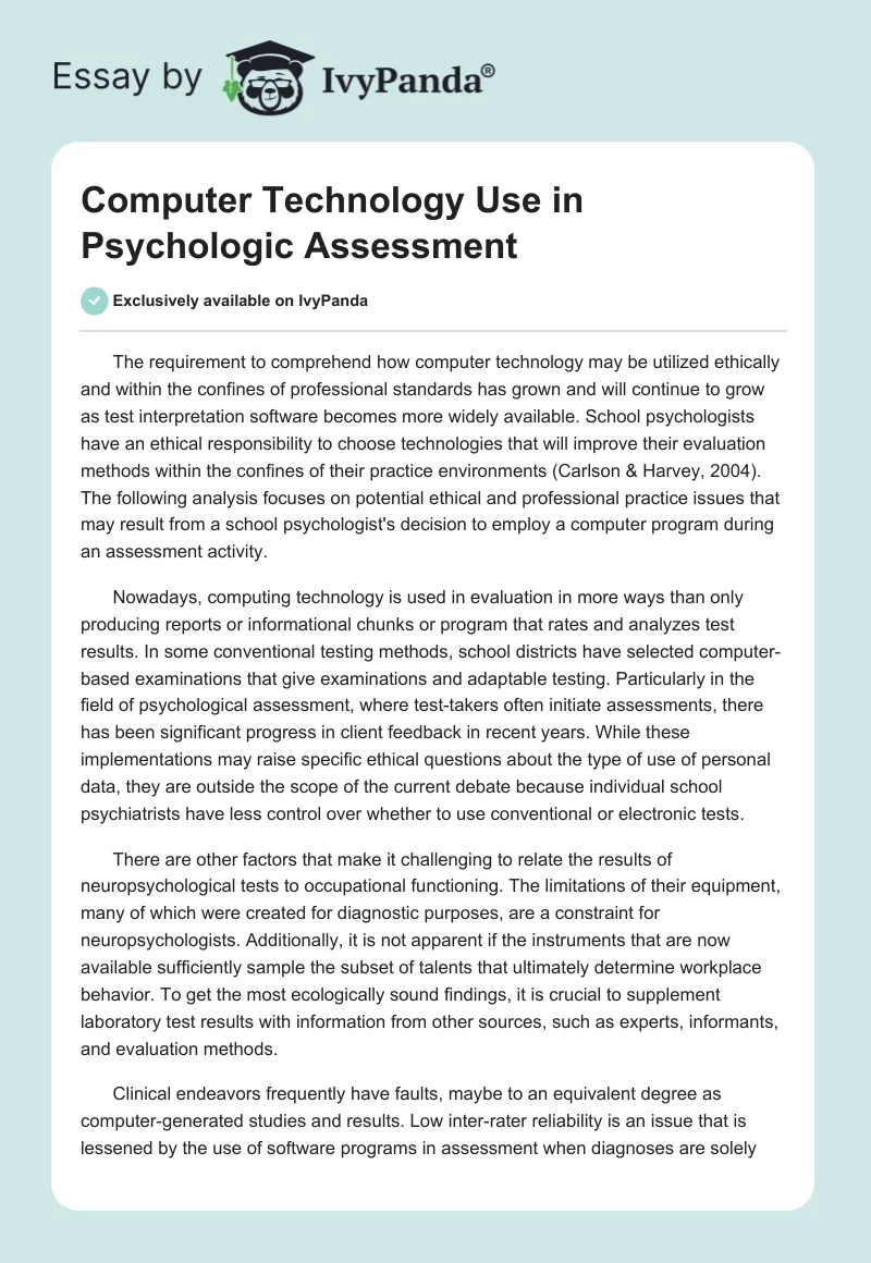 Computer Technology Use in Psychologic Assessment. Page 1