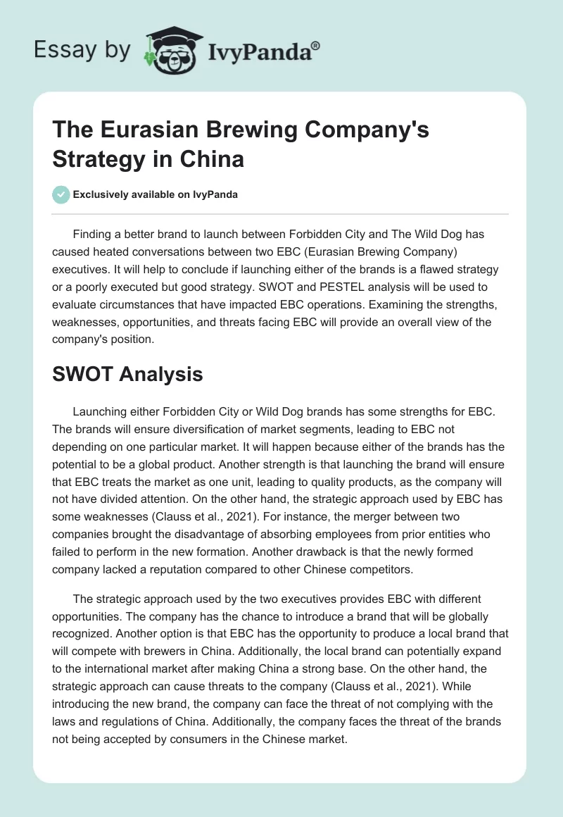 The Eurasian Brewing Company's Strategy in China. Page 1