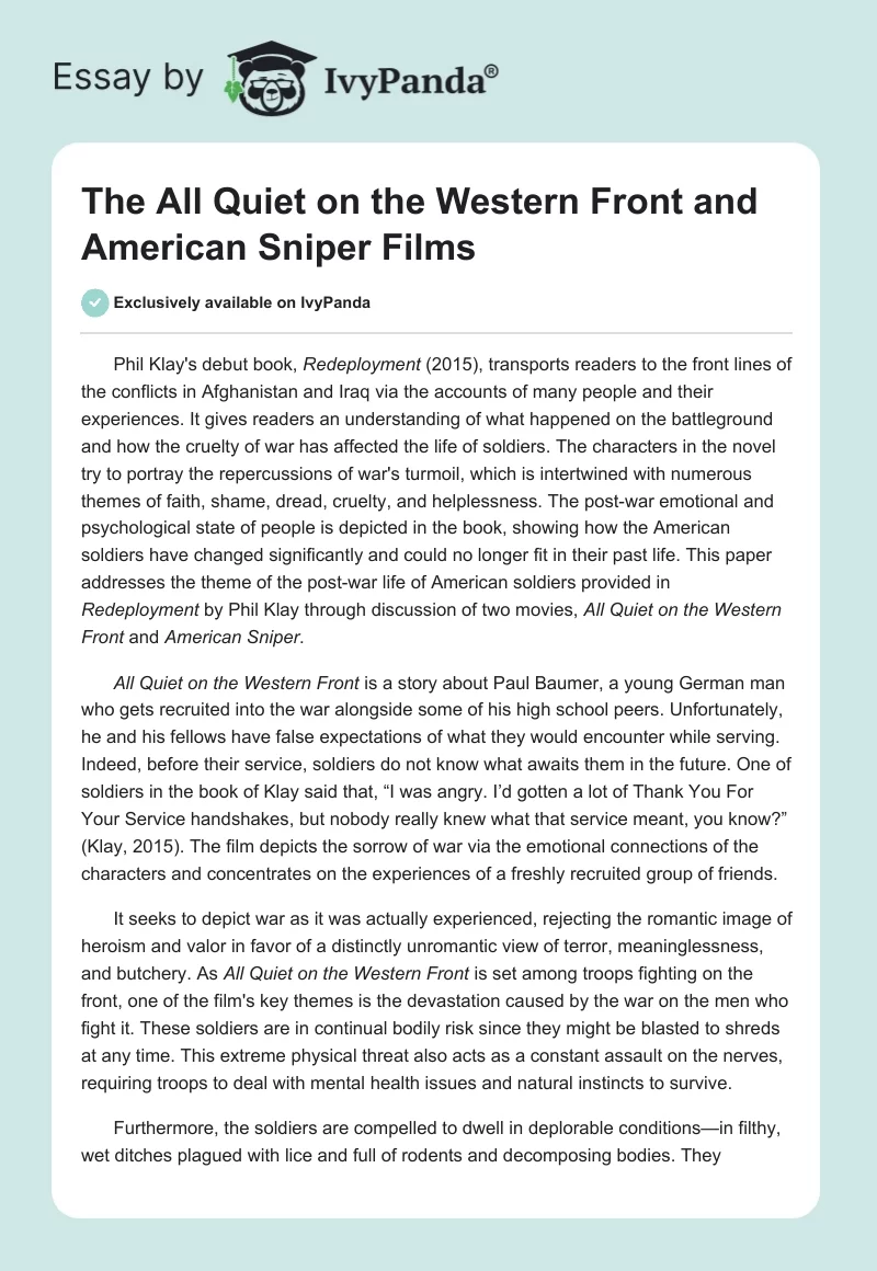 The "All Quiet on the Western Front" and "American Sniper" Films. Page 1