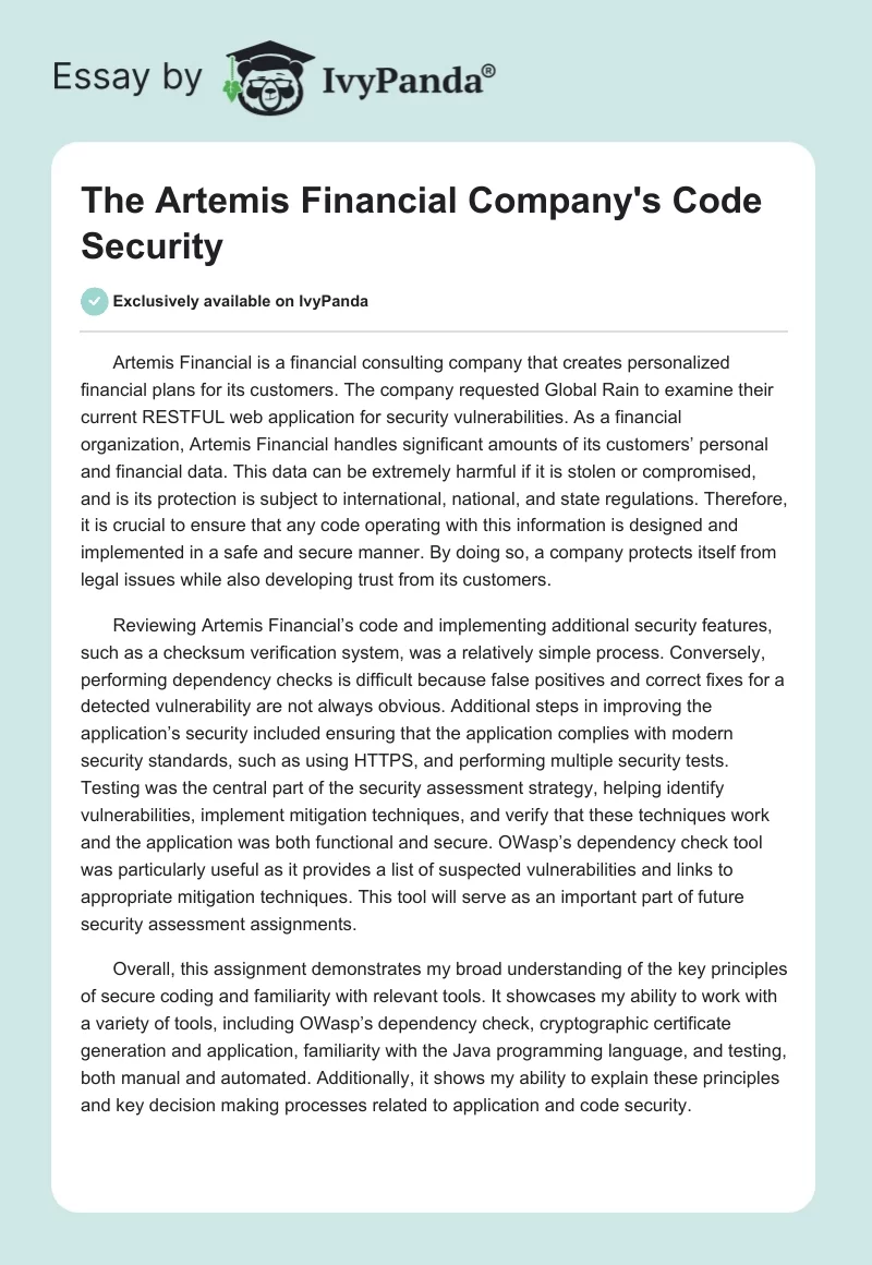 The Artemis Financial Company's Code Security. Page 1