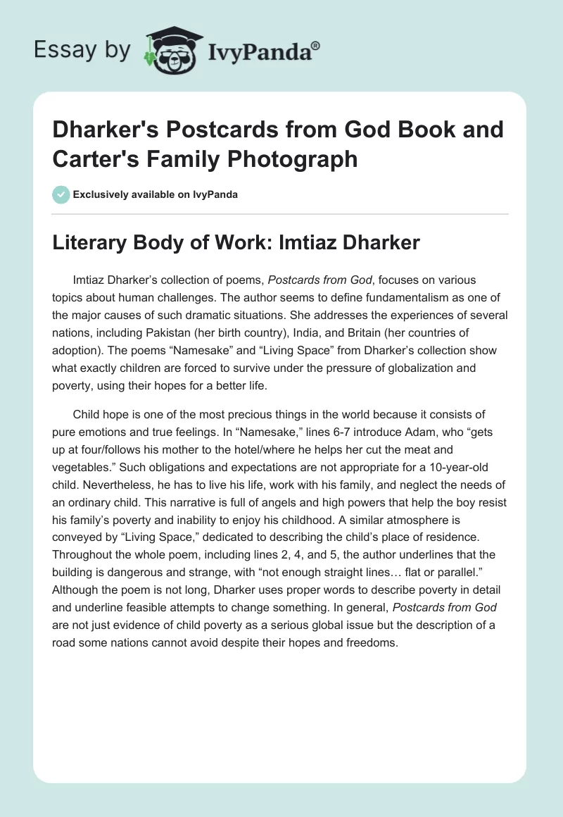 Dharker's Postcards From God Book and Carter's Family Photograph. Page 1