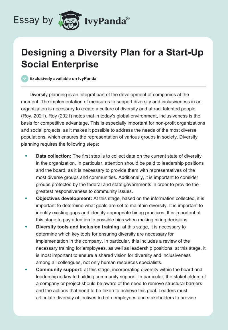 Designing a Diversity Plan for a Start-Up Social Enterprise. Page 1
