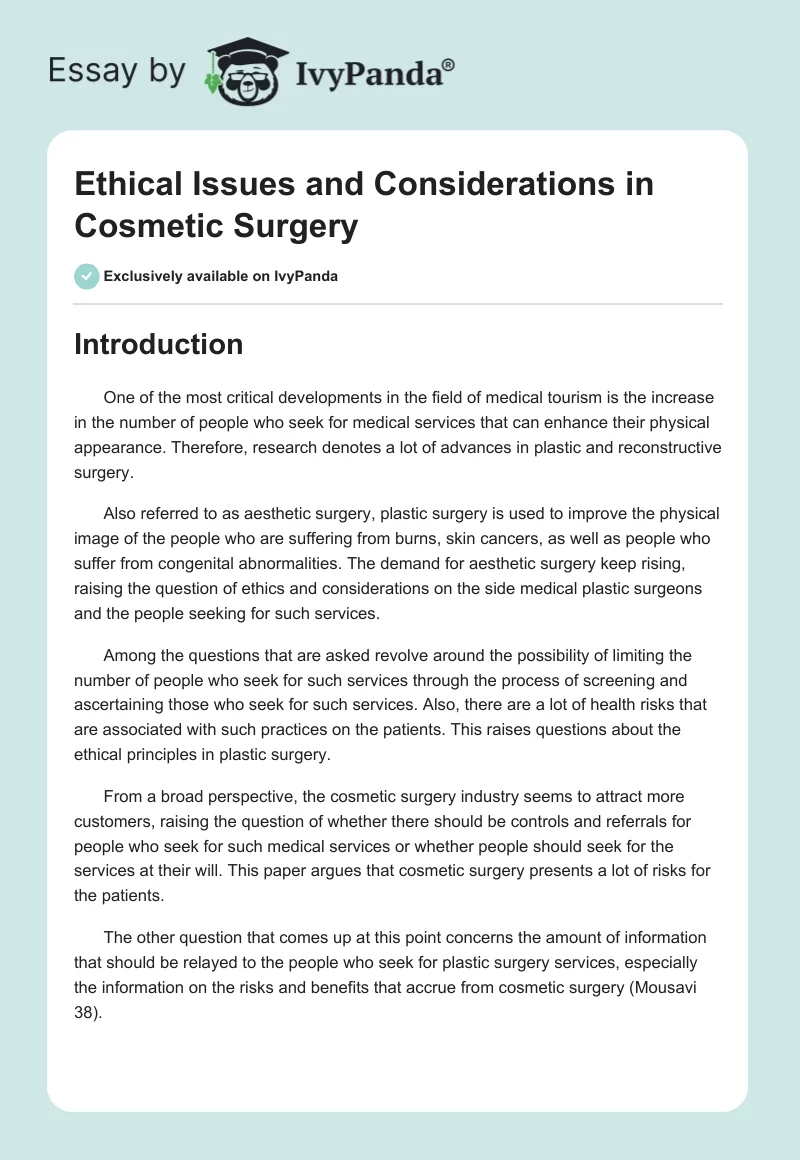 Ethical Issues and Considerations in Cosmetic Surgery. Page 1
