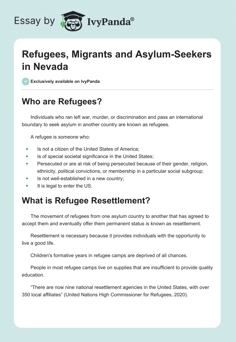 Refugees, Migrants and Asylum-Seekers in Nevada. Page 1