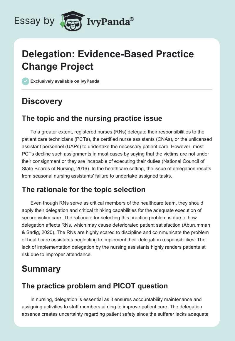 Delegation: Evidence-Based Practice Change Project. Page 1