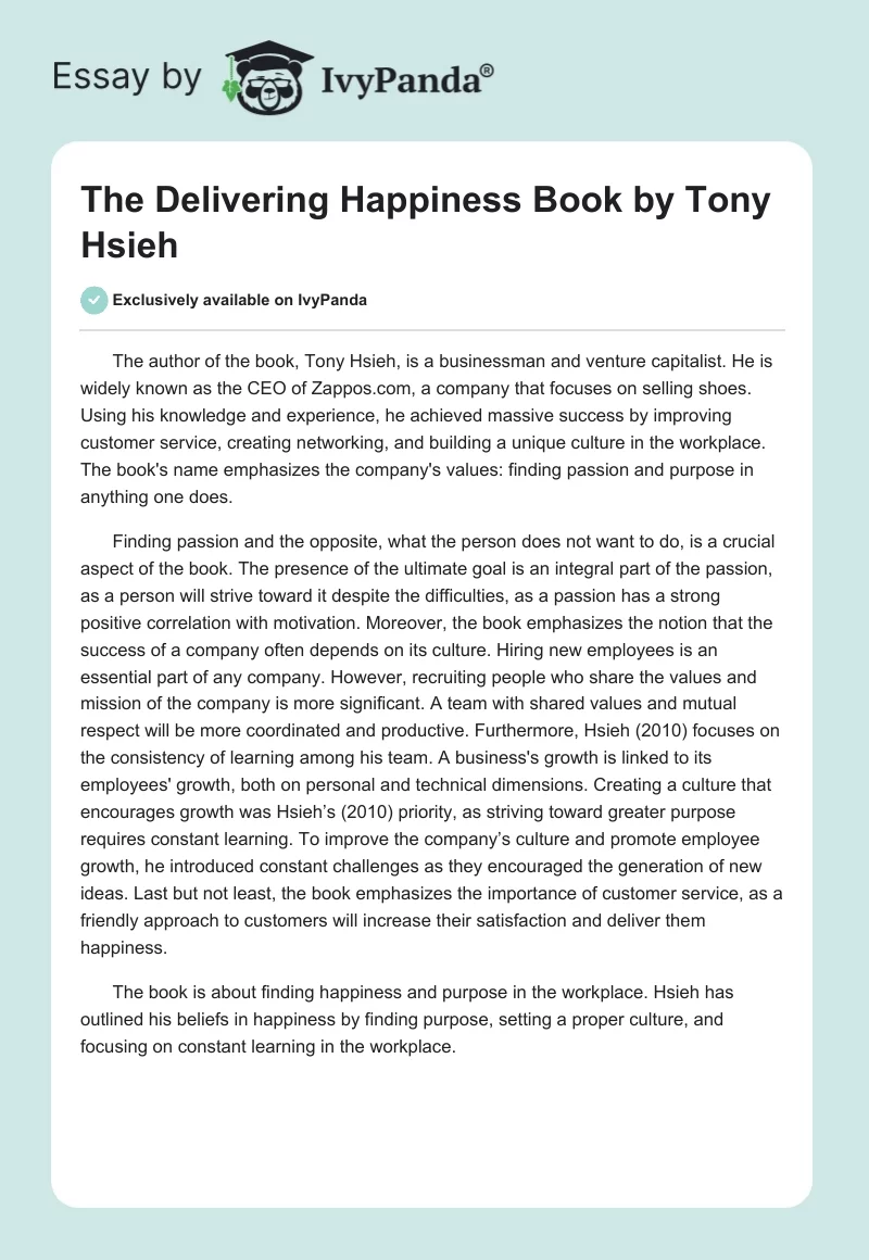The "Delivering Happiness" Book by Tony Hsieh. Page 1