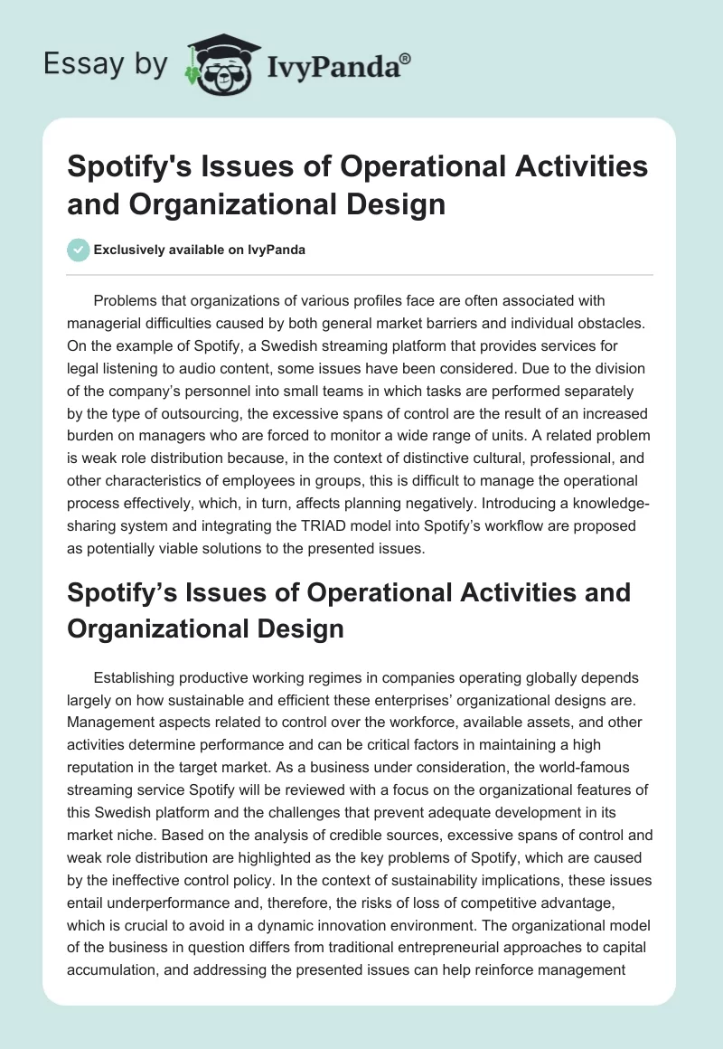 Spotify's Issues of Operational Activities and Organizational Design. Page 1