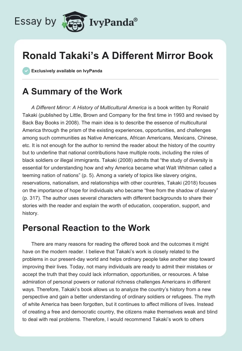 Ronald Takaki’s A Different Mirror Book. Page 1