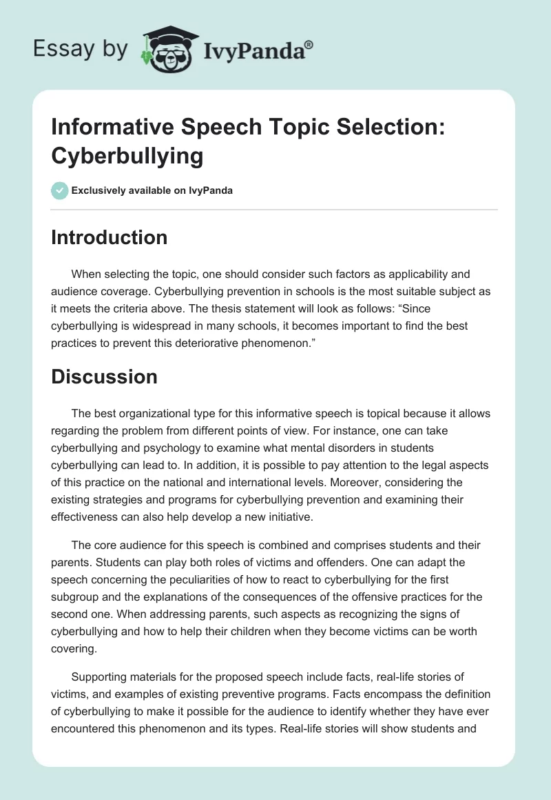 Informative Speech Topic Selection: Cyberbullying. Page 1