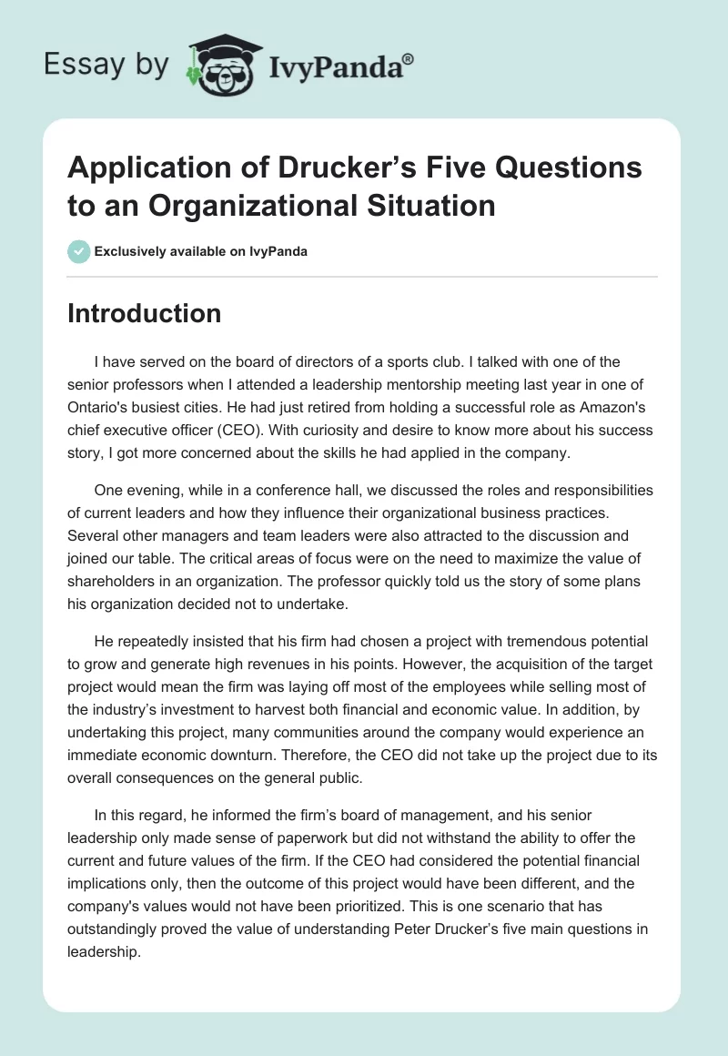 Application of Drucker’s Five Questions to an Organizational Situation. Page 1