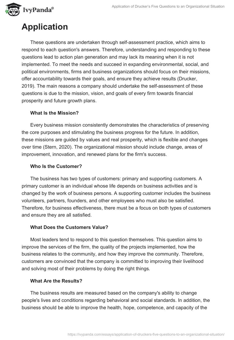 Application of Drucker’s Five Questions to an Organizational Situation. Page 2