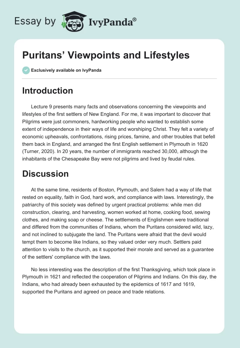 Puritans’ Viewpoints and Lifestyles. Page 1