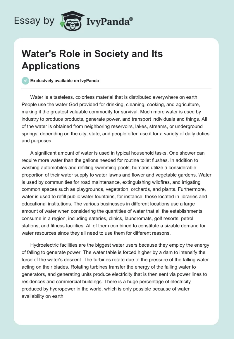Water's Role in Society and Its Applications. Page 1