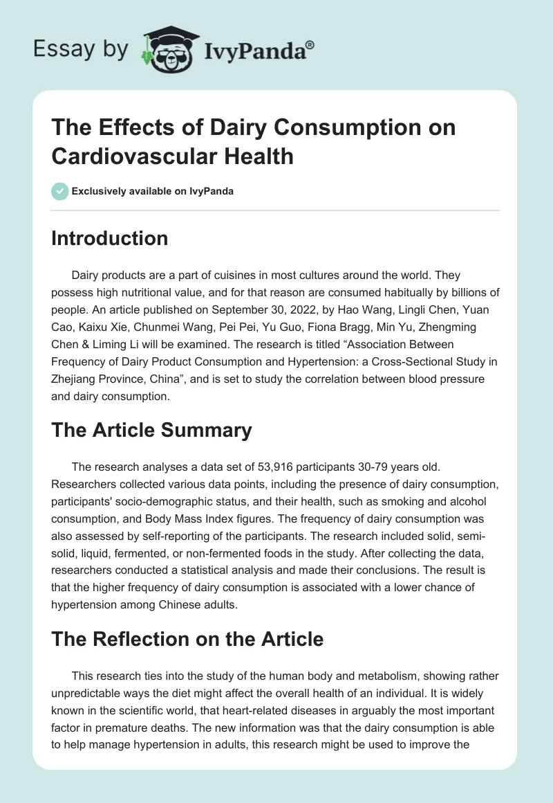 The Effects of Dairy Consumption on Cardiovascular Health. Page 1