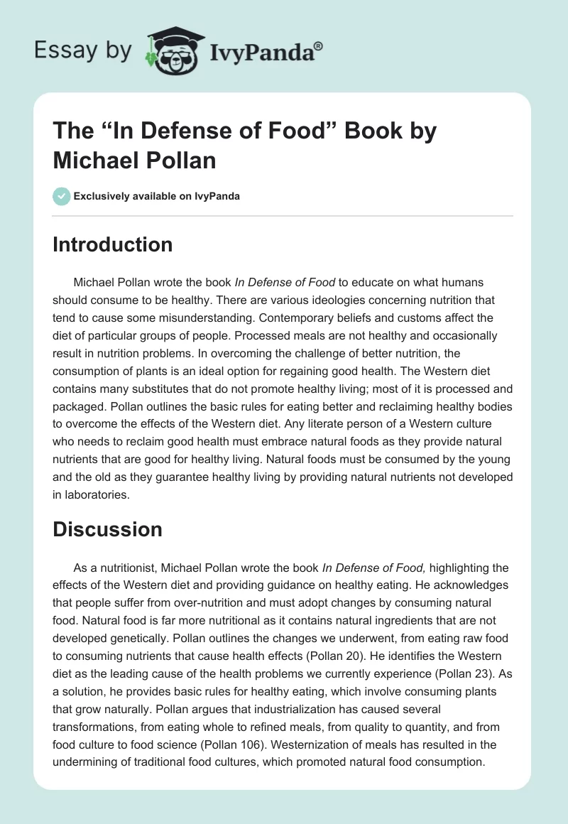 The “In Defense of Food” Book by Michael Pollan. Page 1