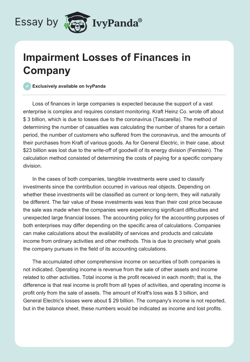Impairment Losses of Finances in Company. Page 1