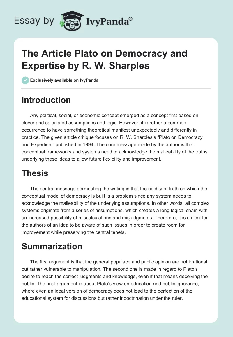 The Article "Plato on Democracy and Expertise" by R. W. Sharples. Page 1