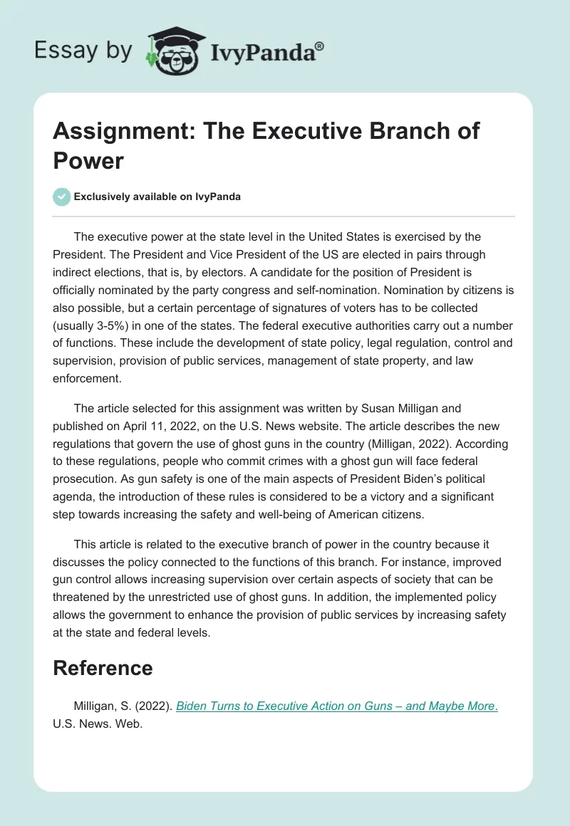 Assignment: The Executive Branch of Power. Page 1