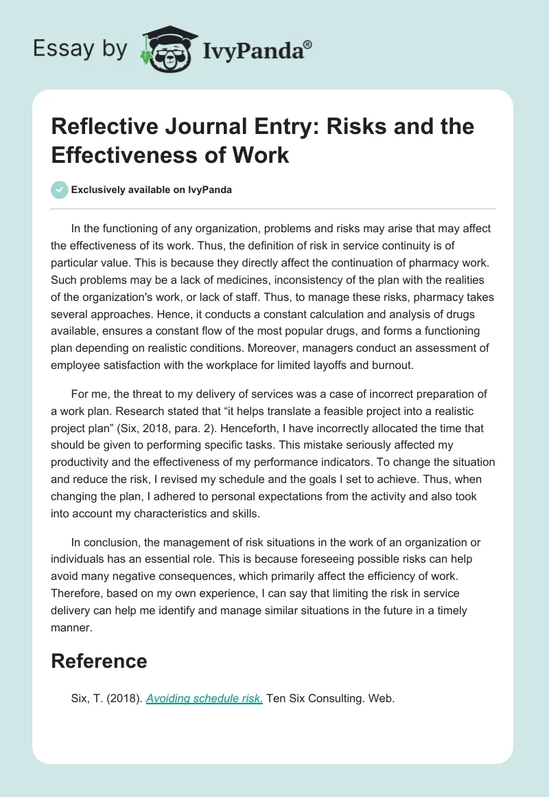 Reflective Journal Entry: Risks and the Effectiveness of Work. Page 1