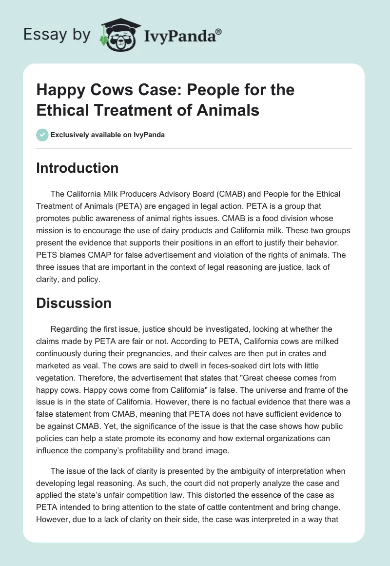 Happy Cows Case: People for the Ethical Treatment of Animals. Page 1